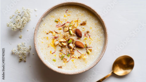 Delicious indian rice pudding kheer with nuts and saffron, served in a bowl, isolated on white background