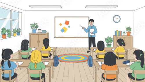 Engaging classroom scene with a dedicated teacher guiding young students through an interactive lesson, fostering a positive learning environment and academic growth