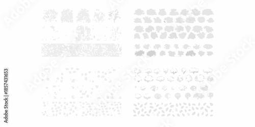 Abstract arrangement of gray and white shapes resembling clouds or floral designs