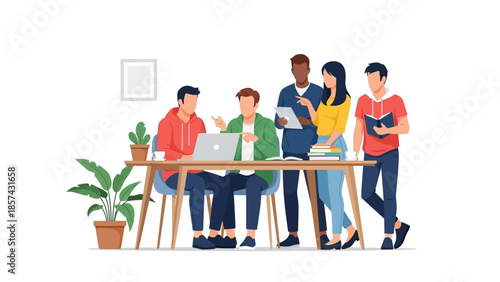 Diverse young team engaged in collaborative teamwork, actively discussing ideas and working on projects together in a modern study or co-working environment