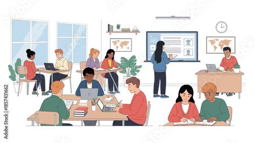 Diverse group of students engaged in learning activities within a bright and modern classroom setting