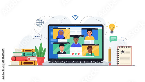 Online education concept with people in video conference call and books stacked on a desk, representing virtual learning and remote collaboration