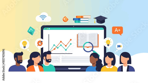 Online learning and education. Digital classroom with students and teacher engaged in virtual learning and accessing educational resources