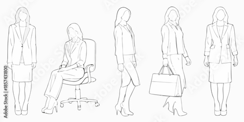 Line art illustration of women in business attire showing various poses