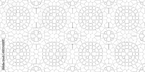 Intricate geometric pattern of interlocking circles and square designs in grayscale