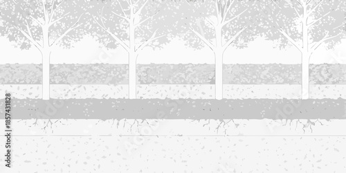 A grayscale landscape featuring trees shrubs and a textured ground plane