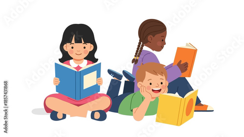 Happy multiracial kids enjoying story time, sitting and lying down with open books, promoting education, literacy, and childhood development in a charming illustration