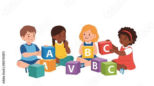 Children playing with alphabet blocks, learning the ABCs and V