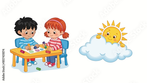 Illustration of children engaged in creative art activities with crayons and a cheerful sun peeking from behind a cloud