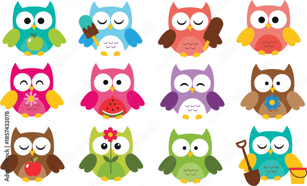Obraz premium Colorful cartoon owl characters set featuring cute birds with summer fruits ice cream flowers and garden tools for children nursery sticker designs.