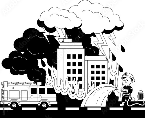 Black and white illustrations of a firefighter and a fire truck spraying water on a fire