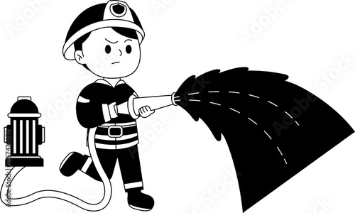 Black and white illustrations of a firefighter spraying water from a hose