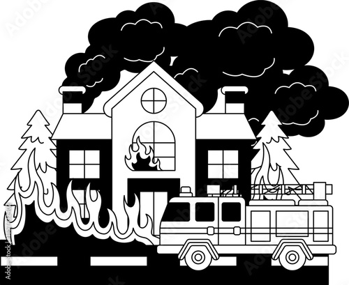 Black and white illustrations of A fire truck is next to a house that is on fire