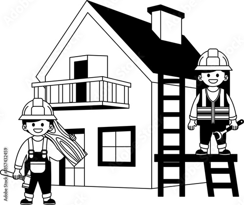 Black and white illustrations of Two construction workers working in a house