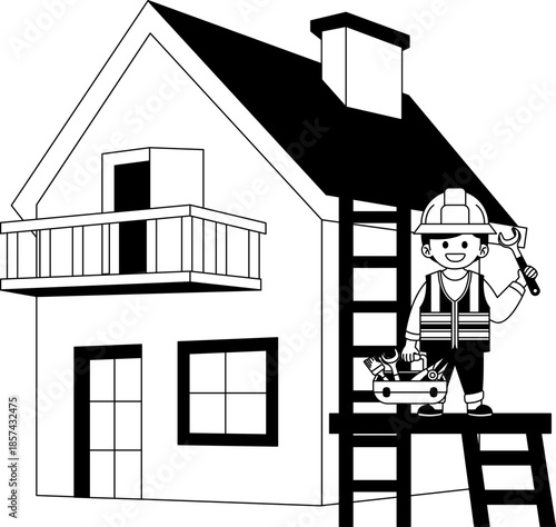Black and white illustrations of male construction worker in a safety vest is working in a house
