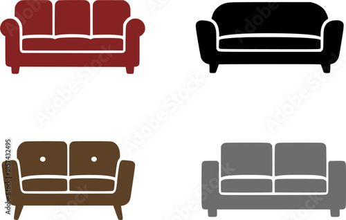 4 sofa illustration icons, silhouette, transparent background