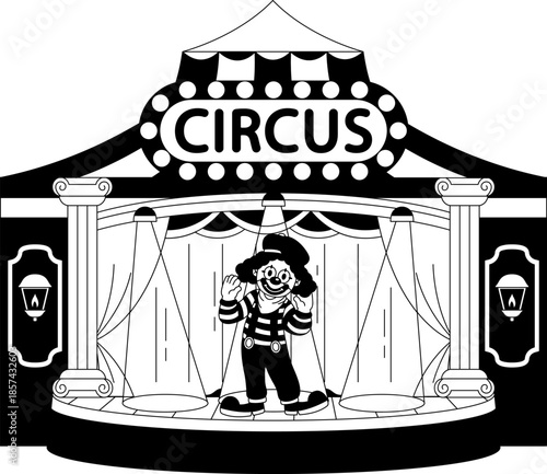 Black and white illustration of male mime artist is standing on a stage