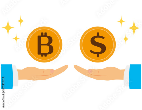 ドルとビットコインのイラスト　仮装通貨　お金
