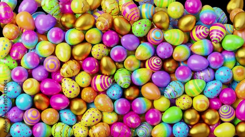 Colorful decorated Easter eggs filling the screen in motion. Festive egg animation with falling and stacking effect. Seamless loop with transparent alpha channel.