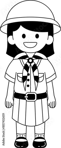 Black and white illustration of thai girl scouts students smiling