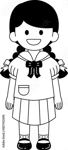 Black and white illustration of A long hair schoolgirl in a Thai school uniform