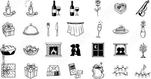 Valentine's Day  Romantic Date Hand-Drawn Black  White Line Art Icons Set with Candles, Wine, Gifts, Couples, and Celebration Elements