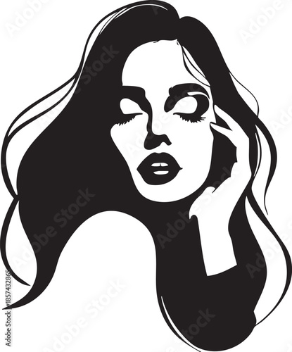 Black and white vector portrait: woman with long hair illustration eps silhouette