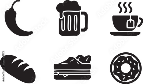 Food and drink vector icons: pepper, beer, tea, bread, sandwich, donut eps silhouette