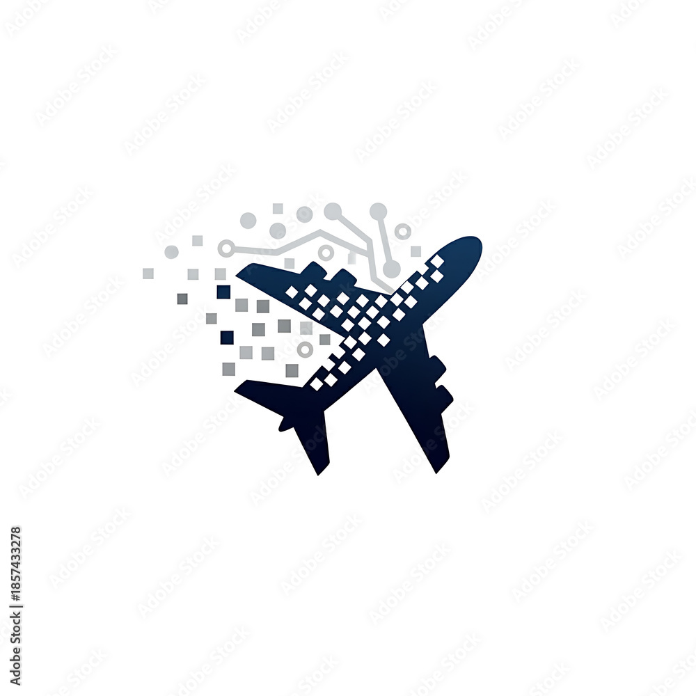 Fototapeta premium Modern Digital Aviation Logo Featuring Navy Blue Airplane with Pixelated Data and Circuit Elements