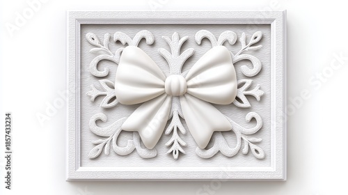 Elegant White Bow Ornament on Intricate White Frame Background Festive Decorative Element