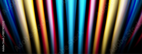 Vertical colorful light streaks emanate from darkness. Bright hues blend, creating dynamic visual effect. Simple, modern design.