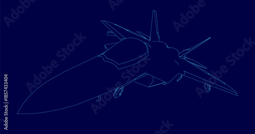 A sleek fighter jet contour in blue line art soars against a dark blue background, symbolizing modern air combat.