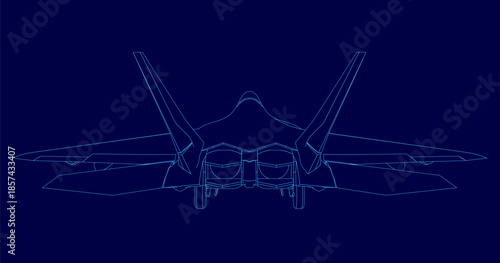 A stark white fighter jet contour blueprint contrasts against a deep blue background, representing advanced combat aviation design and military technology.