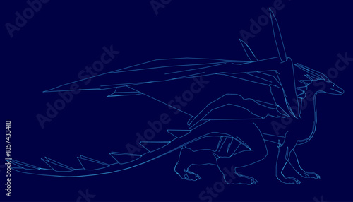 A fierce blue dragon with spread wings holds a sword in its mouth against a dark background. Its sharp claws, yellow eyes, and curling tail are rendered in clean contour line art.