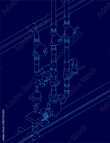 Blue pipe and valve contour drawing on an electric pump or engine schematic. The plumbing system diagram features connected pipes with valves positioned at the bottom. Isometric view