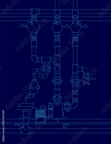 A detailed blueprint of a water treatment system on a blue background illustrates the electric pump, engine, pipes, and valve contours.