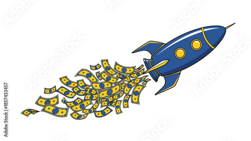 Blue Rocket Ship Blasting Off with Dollars.