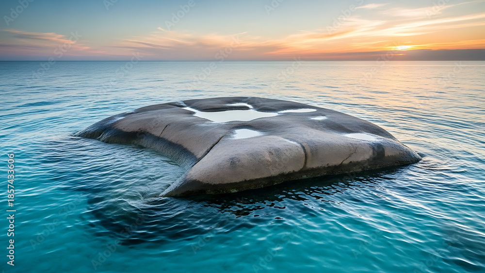 Fototapeta premium Large floating object on calm ocean water at sunset
