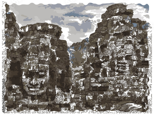  Sketch-style impressionnist painting,Face of Bayon Temple,Digital illustration vector image   