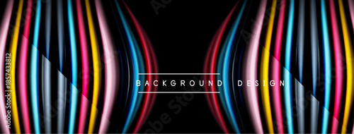 Abstract colorful lines create dynamic waves. Black background emphasizes vibrant curves, modern design element.