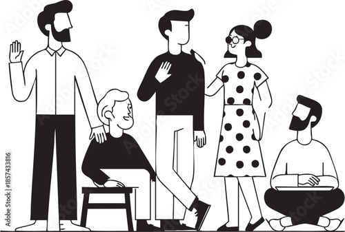 Vector illustration: diverse group of people, cartoon style characters eps silhouette