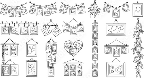 Hand-drawn Black  White Line Art Doodle Set of Hanging Photo Frames and Picture Garlands for Home Decor, Memory, and Photography Projects