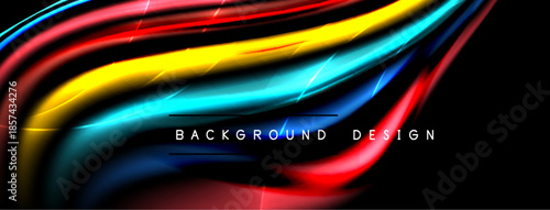 Abstract colorful waves, dynamic lines, bright gradients. Black background emphasizes vibrant design elements. Modern aesthetic.