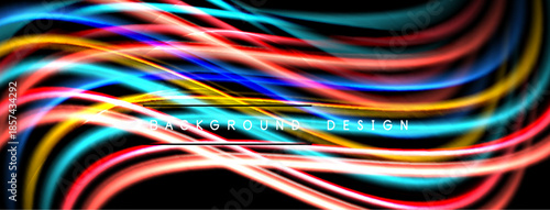 Vibrant flowing lines create abstract background. Colors blend, forming dynamic wave pattern. Modern design element.