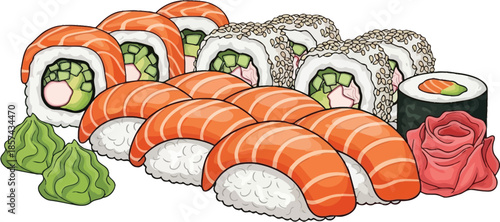 Assortment of fresh sushi rolls and nigiri with wasabi and pickled ginger a delicious Japanese food illustration for menus and culinary themes