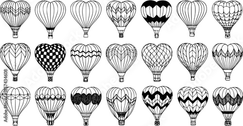 Black and White Hand-Drawn Line Art Collection of Heart-Shaped Hot Air Balloons, Perfect for Travel, Romance, Love, and Celebration Designs, Isolated Vector Doodle Sketch Illustrations