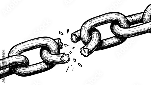Broken Metal Chain with Shattered Links.