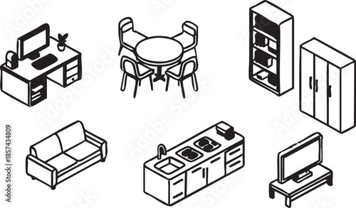 Vector furniture set: isometric home interior icons - desk, table, sofa, kitchen, tv, storage eps silhouette