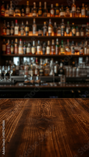 Empty wooden bar counter in front of shelves stocked with liquor bottles