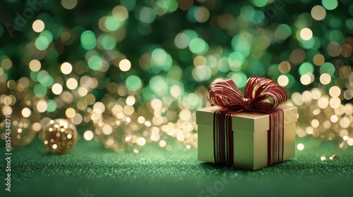 A green christmas gift box with a red ribbon